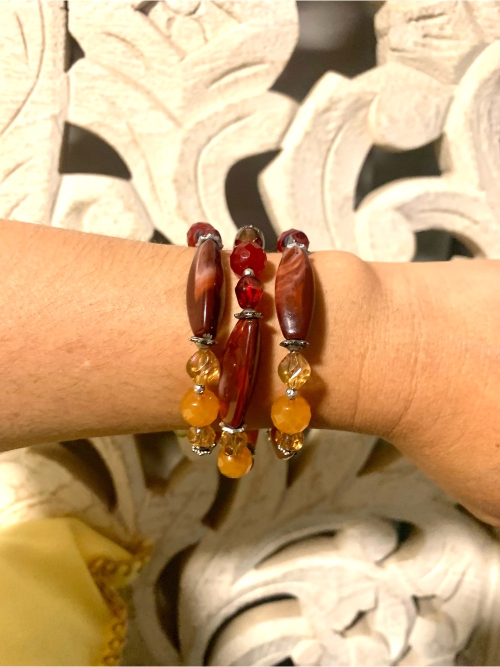 Handcrafted Brown and Amber Beaded Stretch Bracelet Set